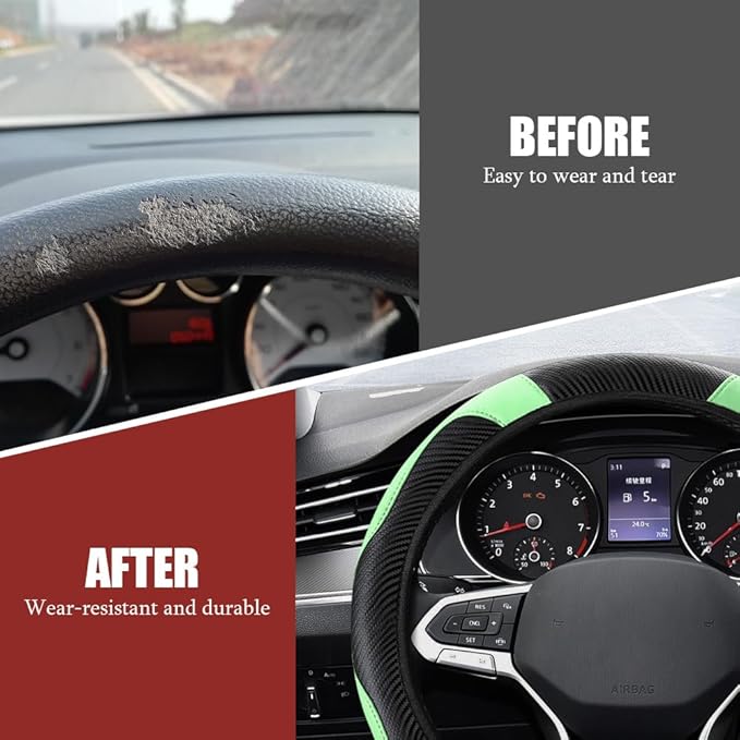 Car Steering Wheel Cover, Steering Wheel Protector, Universal 14.5-15 Inch Microfiber Leather Breathable Auto Steering Wheel Covers, Carbon Fiber Steering Wheel Cover for Women Men (Green)