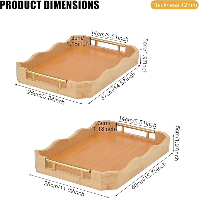 Decorative Bamboo Serving Tray Set with Gold Metal Handles, 2 Pack Ottoman Coffee Table Trays, 14.5x9.8 and 15.75x11 Inches (Bamboo Color)