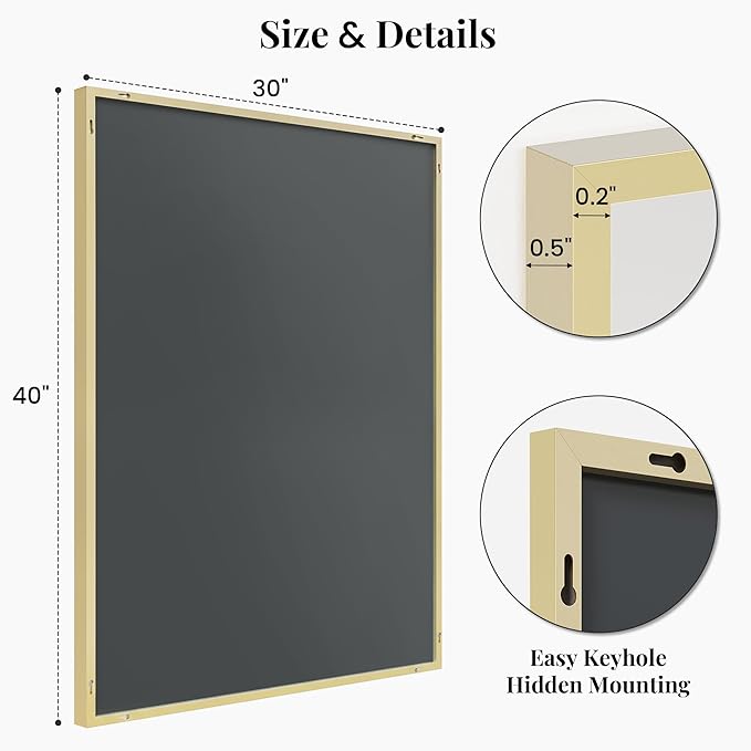 40"x30" Gold Wall Mirror, Metal Framed Bathroom Vanity Mirror, Large Rectangular Mirror for Fireplace Mantle, Transitional Decor, Flush Mount