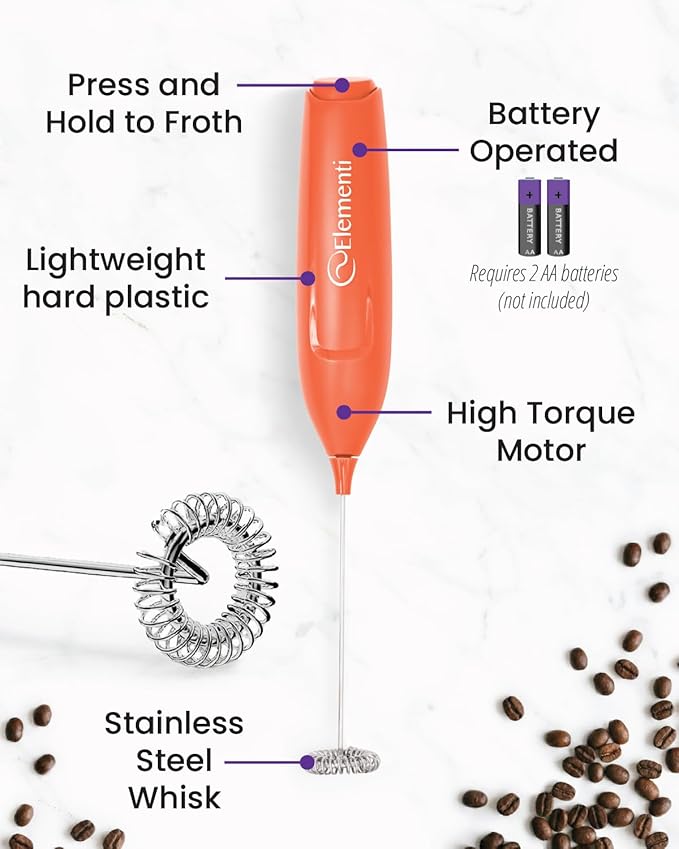 Elementi Powerful Frother Wand – Lightweight Milk Frother & Drink Mixer Handheld, Matcha Whisk for Dreamy Lattes, Powerful Coffee Mixer Wand & Stirrer - Make Creamy Cappuccinos at Home (Orange)