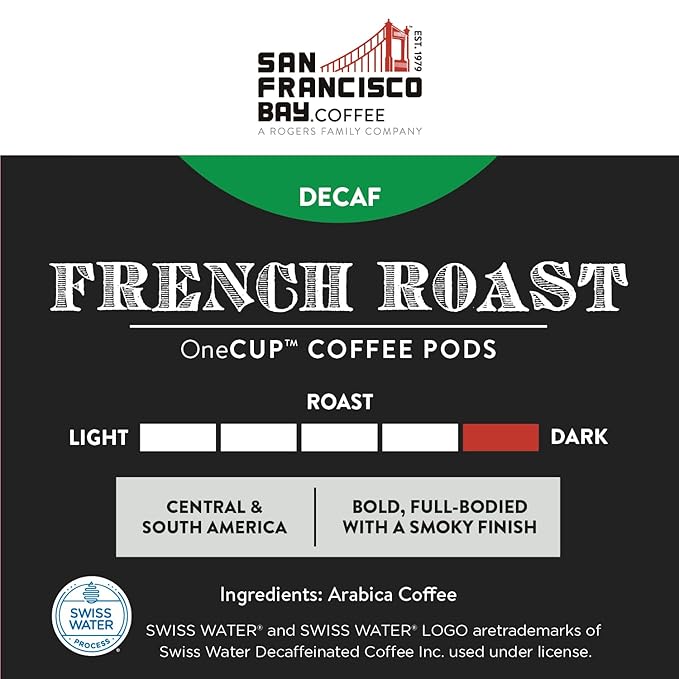 San Francisco Bay Compostable Coffee Pods - DECAF French Roast K Cup Compatible including Keurig 2.0,Dark Roast,Swiss Water Processed,(Pack of 72)