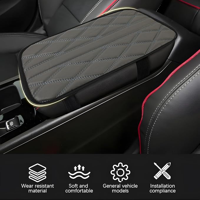 Car Center Console Cushion Pad, Leather Waterproof Vehicle Armrest Seat Box Cover, Comfortable Automotive Interior Arm Rest Protector Accessories, Universal for SUV, Sedan, Truck (Gray)