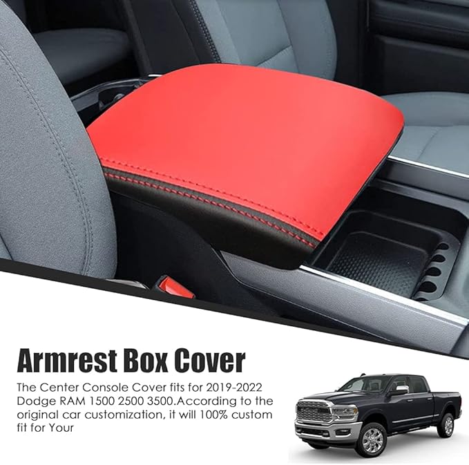 sportuli Center Console Cover Anti-Scratch Leather Armrest Pad Replace for 2019 2020 2021 2022 2023 2024 2025 Dodge RAM 1500 2500 3500, for All Makes & Models with Bucket Seats (Red)