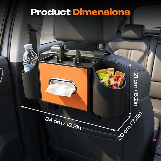 4-in-1 Car Backseat Organizer with Cup Holder, 2026 Upgraded Multifunctional Car Back Seat Organizer with Tissue Box, Trash Bin & Hooks for Hold Phones, Snacks, Drinks, and Handbags (Orange)