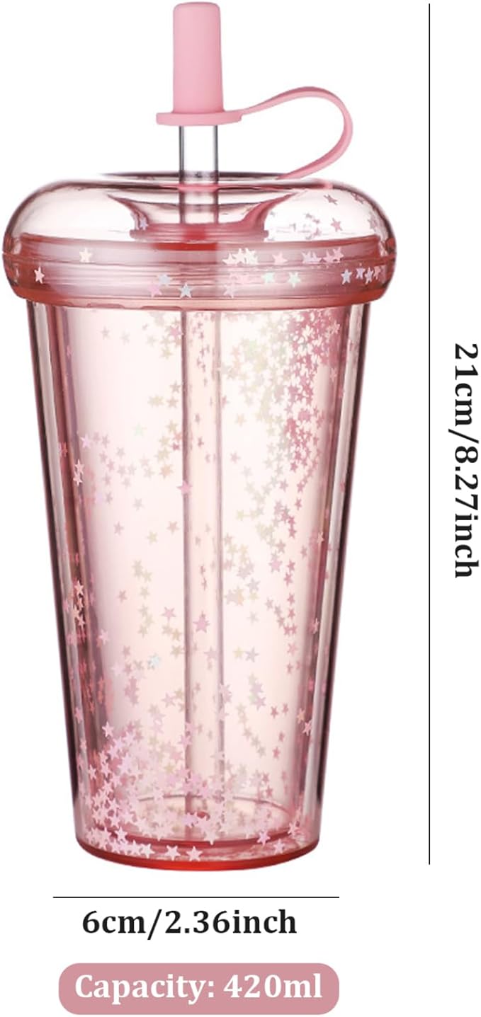 Double Wall Tumbler with Lid and Straw, 420ml/14.2oz Safe Insulated Cup with Straw, Leakproof Glitter Cups, Portable Water Cup with and Lid for School, Office, Travel Style 1 water tumbler