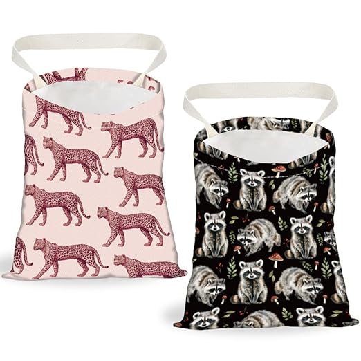 2PCS Leopard Raccoon Print Car Trash Bag Portable Hanging Garbage Bag with Snap Buttons Back Seat Reusable Rubbish Storage Dustbin for Women Man Car Interior Accessories Kitchen Home Travel