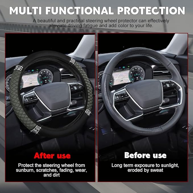 Car Steering Wheel Cover, Steering Wheel Accessories, Breathable Microfiber Leather Auto Wheels Protector, Universal 15 Inch Anti-Slip Protector for SUV Sedan Truck (Bling-Gray)
