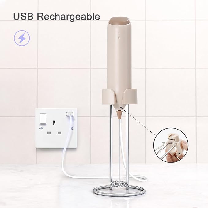 Rechargeable Coffee Frother by ELMWAY, Electric Milk Frother with Charging Stand & Wall Mount, Handheld Drink Mixer, Foam Maker for Coffee, Matcha - Beige