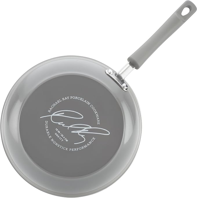 Rachael Ray Cookware Classic Brights Hard Enamel Aluminum Nonstick Cookware Set, 14-Piece, Sea Salt Gray