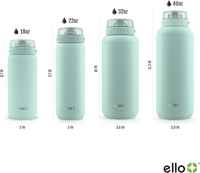 Ello Cooper 40oz Stainless Steel Water Bottle with Straw and Carry Handle, Double Walled and Vacuum Insulated Metal, Leak Proof Locking Lid with Soft Silicone Spout, Reusable, BPA Free, Yucca
