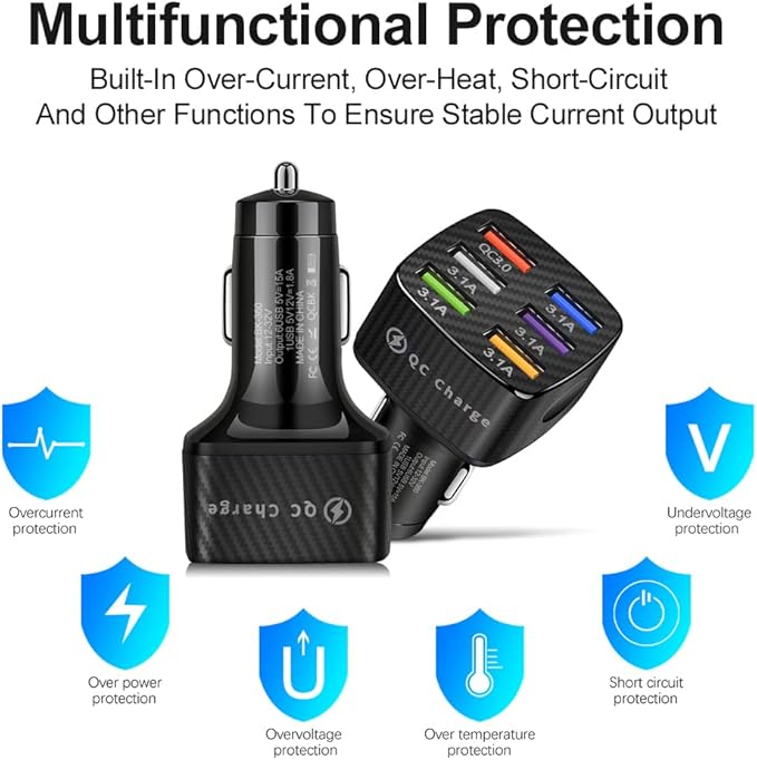 6 in 1 Super Fast Charging USB Car Charger Adapter for iPhone 16 15 14 13 12 11 Samsung & Android, QC3.0 Multi Port Cigarette Lighter USB Charge for Phone
