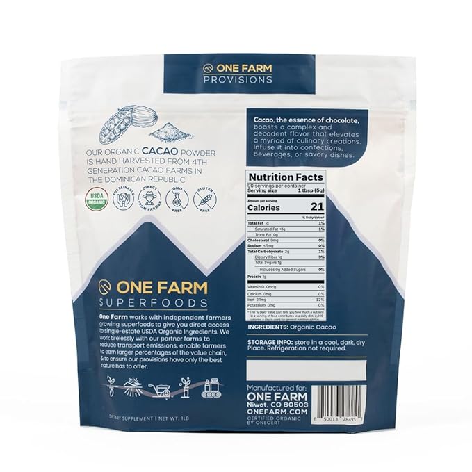 One Farm by WAAYB Organic Cacao, Single Estate, Non-GMO, Fair-Trade, Vegan, Gluten Free, 100% Raw Rizek Cacao in Resealable Bag for Cooking, Smoothies, Lattes & Baking (1 lb, Powder)