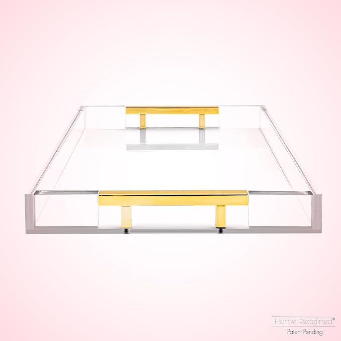Modern 16"x12" Rectangle Acrylic Lucite Plastic Decorative Serving Tray with Gold Polished Stainless Steel Metal Handles Home Decor Ottoman Coffee Table Makeup Perfume Display Vanity By Home Redefined