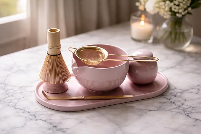 Matcha Whisk Set, 7-Piece Ceramic Matcha Tea Set with Bowl, Whisk & Holder, Bamboo Scoop, Canister, Sifter and Tray