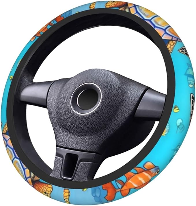 Turtle and Fish Steering Wheel Cover. Car Decor,Anti-Slip,Sweat Absorption,Easy Carry, Universal 15 Inch, 11103