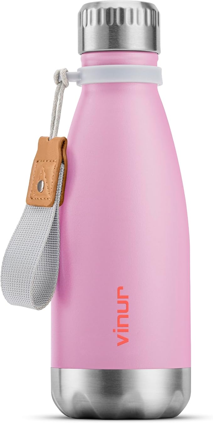 VINUR Kids Water Bottle-12 oz Stainless Steel Double Wall Vacuum Insulated Water Bottle for School-Cola Shape Flask with Carry Rope(Purple Pink)