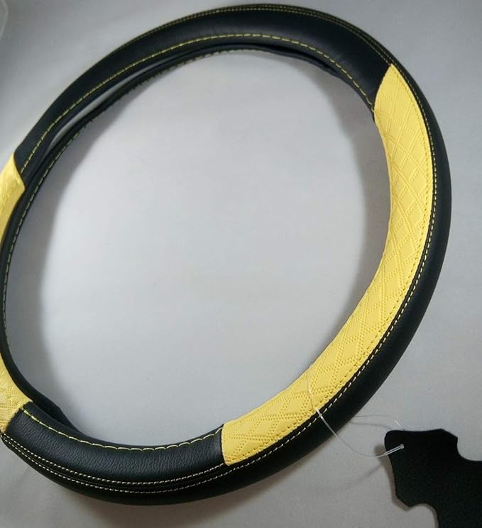 Jdragon Black & Yellow PU Leather Great Comfort Slip-On Steering Wheel Cover 14.25-15" Diameter