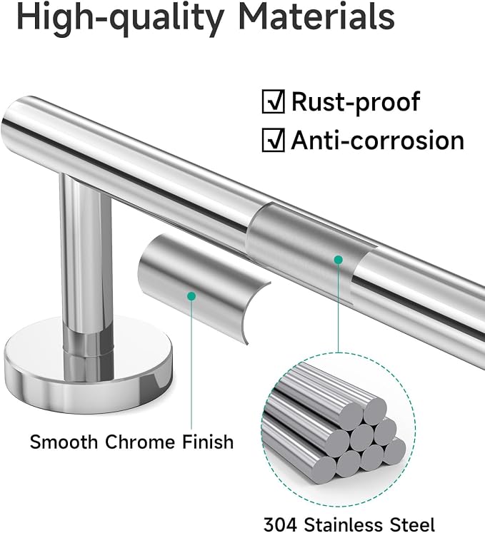 USHOWER Polished Chrome Towel Bar, 18-Inch Towel Racks for Bathroom Wall-Mounted, SUS304 Stainless Steel Towel Rod (Total Length 20-Inch)