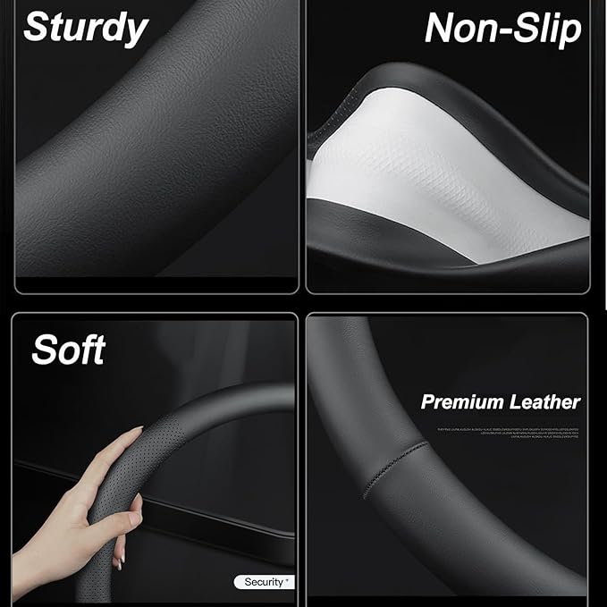 XHRING Car Steering Wheel Cover for Ford F150 F250 Raptor F250 Super Duty F350 Expedition Accessories F-150 XL XLT Lariat King Ranch Platinum Limited Lightning Tremor 2026 Leather Black 15 ½''-16''