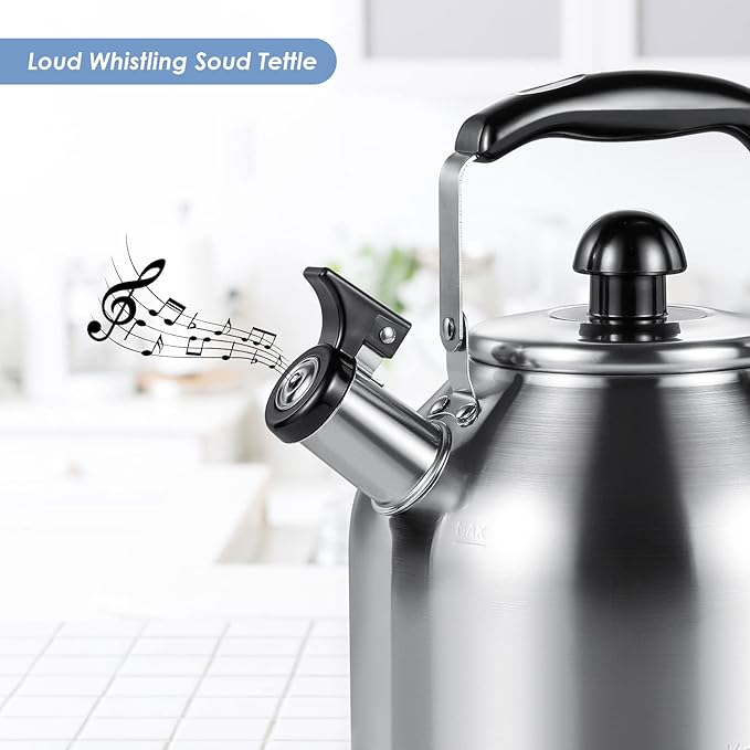 4.2 Quart/4L Large Whistling Tea Kettle, 304 Stainless Steel Brushed Satin, Fast Boil for Induction & Gas Stoves