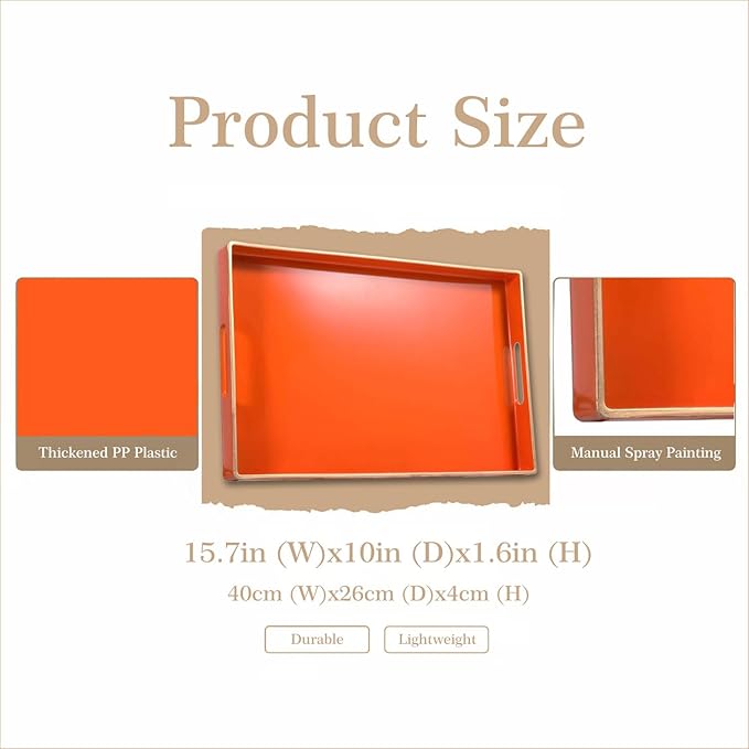 Zosenley Decorative Tray, Rectangular Plastic Tray with Handles, Modern Vanity Tray and Serving Tray for Bathroom, Kitchen, Ottoman and Coffee Table, 15.6” x 10.2” (Orange)