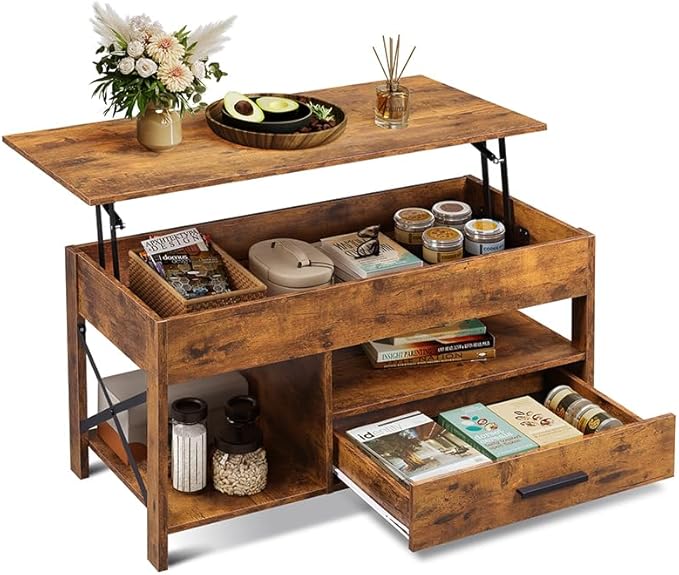 WLIVE Lift Top Coffee Table, 39" Coffee Table with Storage Drawers, Hidden Compartment, Wooden Lift Tabletop Center Table for Living Room, Home, Rustic Brown