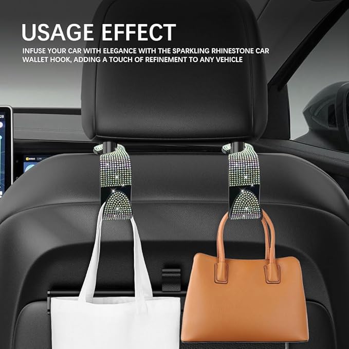 2PCS Car Seat Hooks, Purse Hook for Car, Crystal Rhinestone Vehicle Backseat Purse Holder, Auto Accessories Diamond Auto Seatback Storage Organizer Hanger for Handbag Clothes Purse (Colorful)