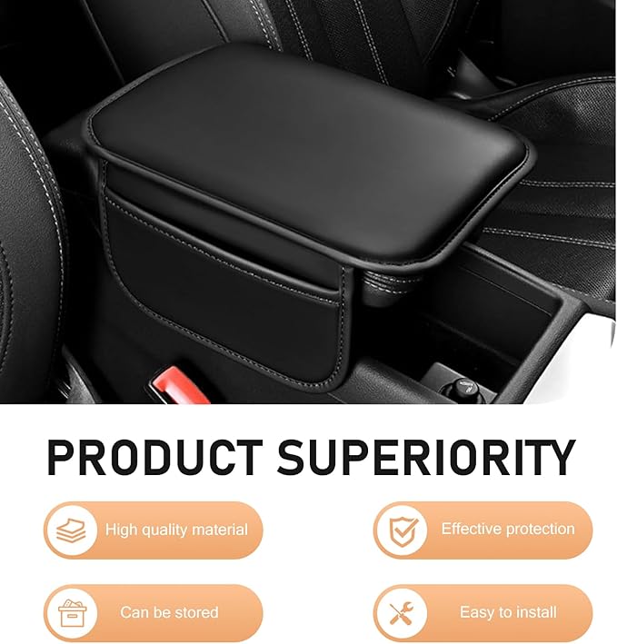 Car Center Console Cover, Car Leather Armrest Pad with 2 Storage Pockets, Center Console Anti-Scratch Booster Cushion, Universal Console Protector for Most Cars, SUVs and Trucks (Black)