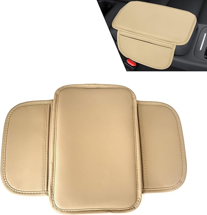 Car Center Console Cover, Car Leather Armrest Pad with 2 Storage Pockets, Center Console Anti-Scratch Booster Cushion, Universal Console Protector for Most Cars, SUVs and Trucks (Beige)