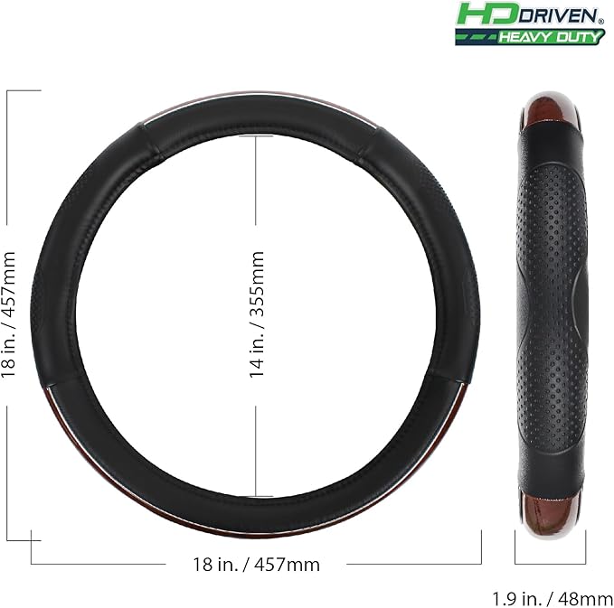 HD Driven SWC Premium Woodgrain Leather Steering Wheel Cover with Massage Grip – 18” Diameter for Semi-Trucks, Ribbed Rubber Core & High-Performance Leather, Vehicle Accessories
