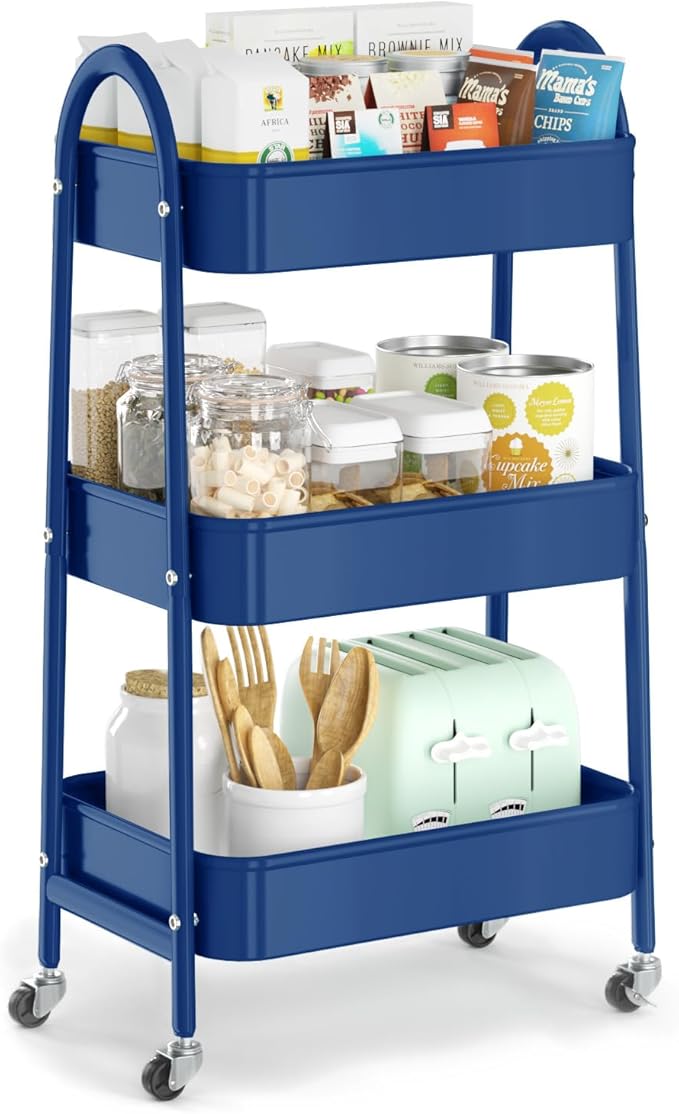 EAGMAK 3 Tier Utility Rolling Cart, Metal Storage Cart with Handle and Lockable Wheels, Multifunctional Storage Organizer Trolley with Mesh Baskets for Kitchen, Living Room, Office, Garage (Indigo)