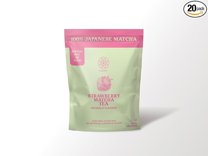 The Harmony Matcha Strawberry (7.05oz Bag - 20 Servings) Premium Japanese Matcha Powder, Rich in Antioxidants & L-Theanine, Sweetened with Organic Sugar, No Preservatives