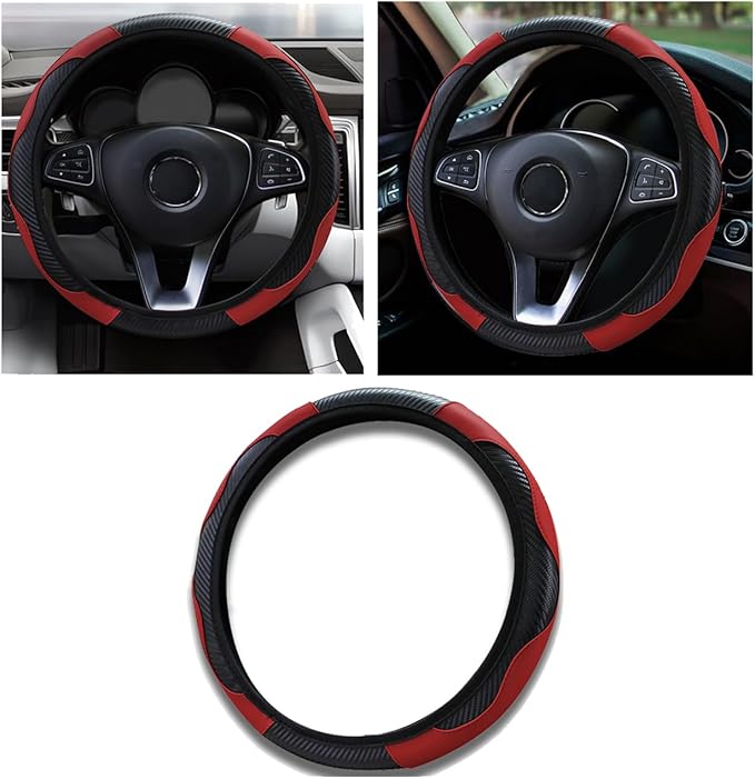 Car Steering Wheel Cover, 15 inch Carbon Fiber Microfiber PU Leather Elastic Steering Wheel Protector for Unisex, Anti-Slip Breathable Car Interior Accessories for Most Cars (Wine Red)