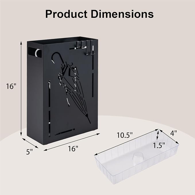 Goplus Metal Umbrella Holder, Rectangular Indoor Umbrella Stand Freestanding w/Removable Drip Tray, 4 Hanging Hooks, Heavy-Duty Umbrella Holders for Entryway, Home Office, 11 x 5 x 16 Inch, Black