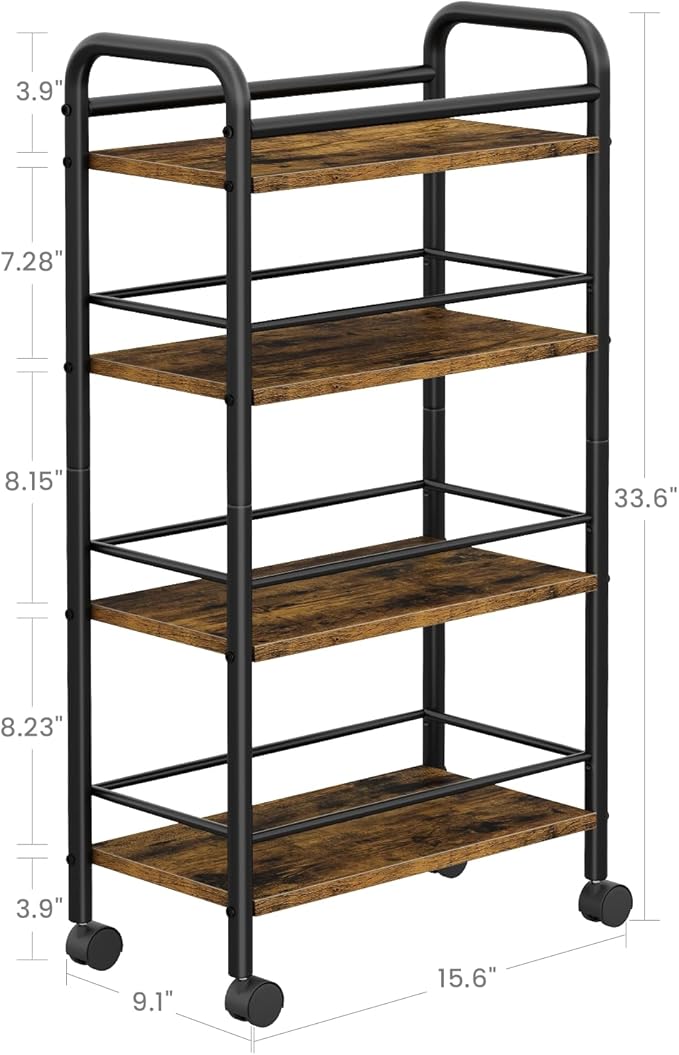 Slim Storage Cart, 4-Tier Small Rolling Cart with Wheels, 9.1" Deep, Narrow Bathroom Shelf Trolley for Kitchen, Bathroom, Laundry Room, Rustic Brown Large 4-Tier (9.1" W x 33.6" H)