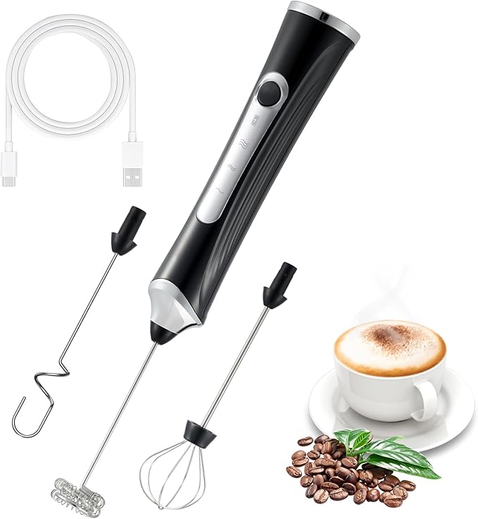 Handheld Electric Milk Frother with 3 Heads, Coffee Whisk Foam Mixer with USB Rechargeable 3 Speeds, Foam Maker Blender for Latte, Cappuccino, Hot Chocolate, Egg, Powders (Black with 3 Heads)