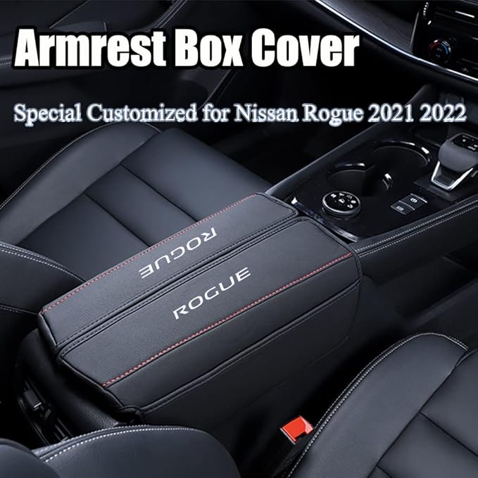 XITER 1PC Leather Center Console Armrest Cover with Side Pockets for Nissan Rogue 2021 2022 2023 2024 2025 2026 Accessories(Red Stitches)