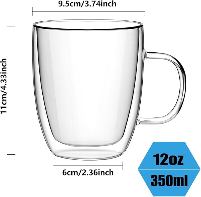 Double Wall Glass Coffee Mugs 350ml / 12oz – Set of 2 Insulated Clear Cups for Espresso, Latte, Cappuccino, Tea, Hot or Cold Drinks (12oz set of 2)