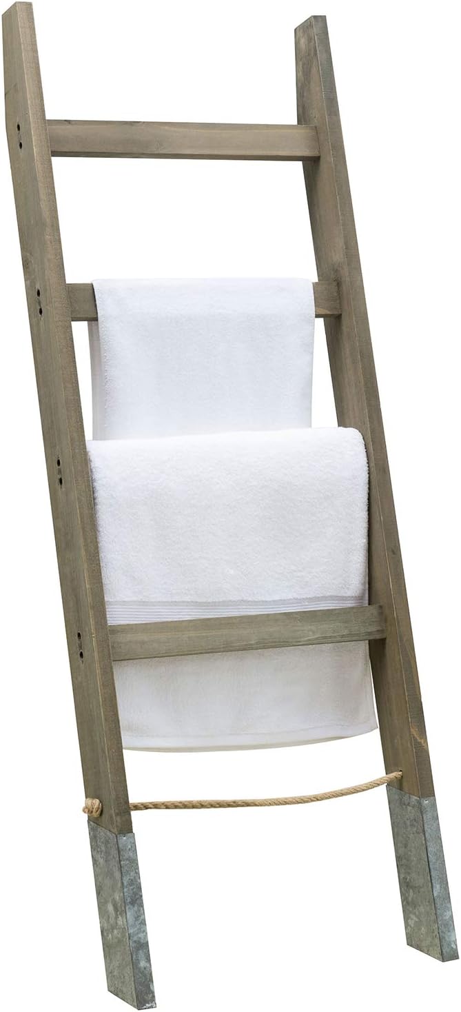 MyGift 55'' Wood Wall Leaning Blanket Ladder with 4 Rung, Farmhouse Living Room and Bathroom Towel Rack with Decorative Rustic Galvanized Silver Metal Legs and Rope