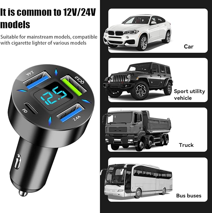 4 Ports USB Car Charger, 66W Super Fast Charging with QC 3.0, PD 20W and USB 2.4A Charger Adapter, Quick Charge with LED Voltmeter, Auto Cigarette Lighter Plug (PD20W+QC3.0+2.4A, 2PCS)