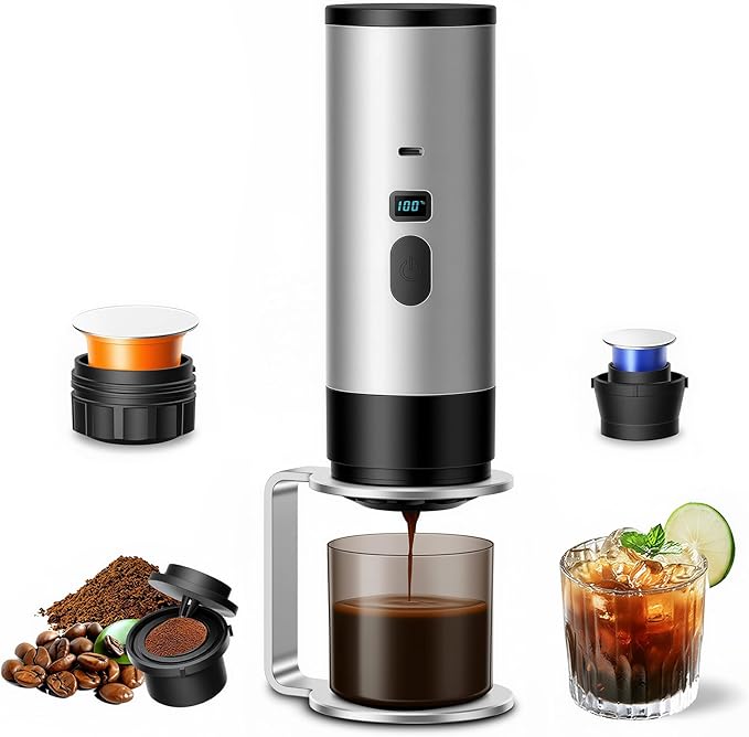 RQUOIRE 3-in-1 Portable Coffee Maker, Espresso Machine, Self-Heating Travel Coffee Maker Compatible with NS, DG Pods & Ground Coffee, Small Mini Espresso Machine for Car Camping, Hiking With Stand