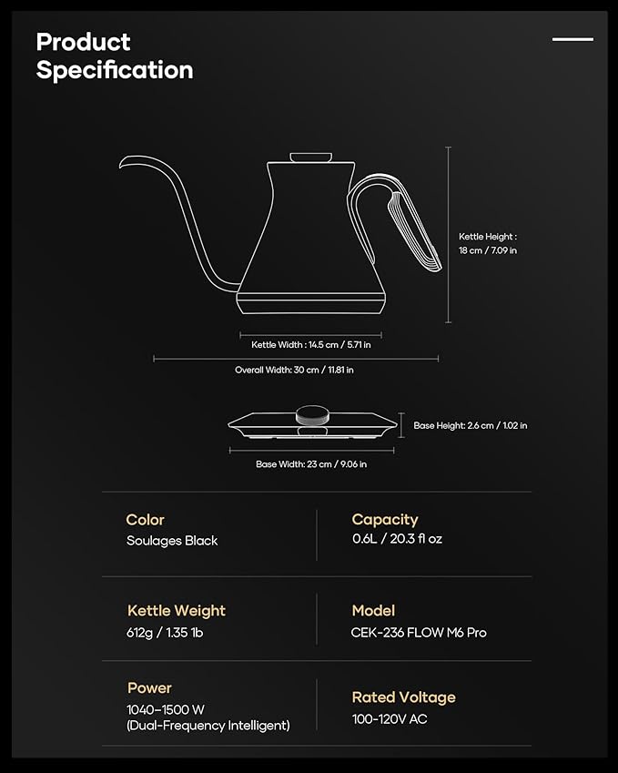 Cocinare Master Collection Soulages Black Gooseneck Electric Kettle, ±0.5℉ Precise Temperature Control for Pour-Over Coffee & Tea, Quick Heating 1500W, Stainless Steel Interior, 0.9L