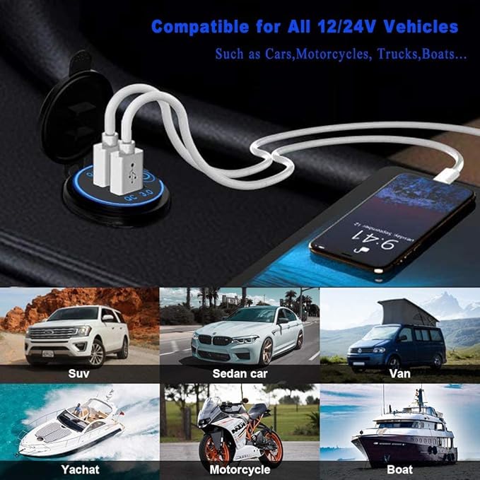 GemCoo 12V USB Outlet 36W QC 3.0 Charger Socket with Power Switch, 12V/24V Charger Socket Fast Charge for Car RV Boat Marine Truck Golf Motorcycle