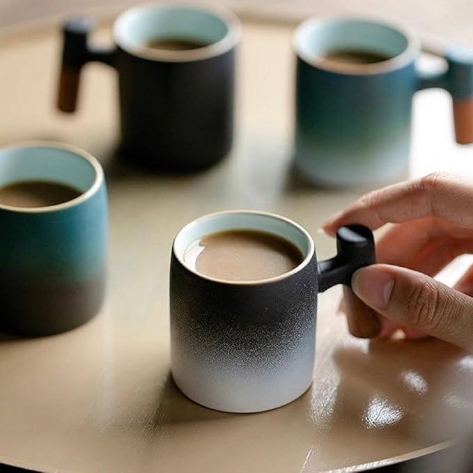 2-Oz Ceramic Espresso Cups with Wood Handle, 2/4-Piece Set for Coffee, Tea, Latte - Dishwasher Safe, Multi-Color & Wood Styles, Gift & Café Use (black white, Wooden Handle4)