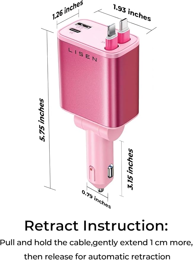 LISEN Retractable Car Charger Adapter for iPhone 17, Fast Charging Car Phone Charger, 84W USB C Car Truck Accessories, Road Trip Essentials Pink Accessories for Men Women for iPhone 17 16 15 14 13 12