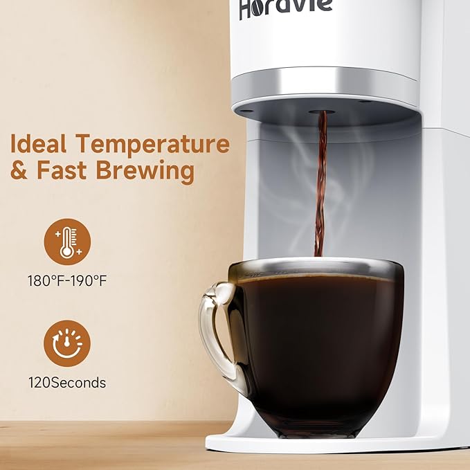 Small Single Serve Coffee Maker, Fast Brew One Cup Coffee Machine for K Cup and Grounds, 6 to 12 oz. Brew Sizes, Capsule Coffee Machine with Descaling Reminder and Viewing Tank, White