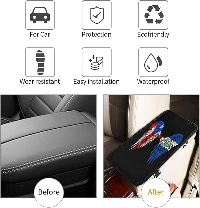 Auto Center Console Pad Puerto Rico Porto Rico Puerto Rican and EL Salvadorean Flag Wings Car Armrest Cover Armrest Seat Handrail Box Cover Cushion Universal Decoration Protector Accessories