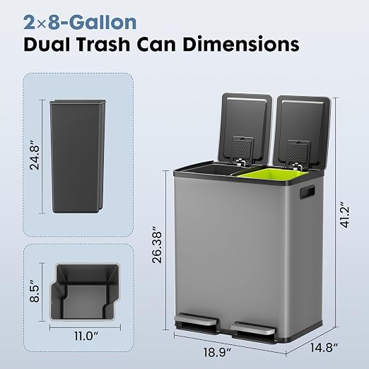 DUMOS Kitchen Double Trash Can, 2x8-Gallon Dual Trash Can with Lid, Stainless Steel Garbage Bin with 2 Removable Inner Buckets, Soft-Close Foot Pedal for Kitchen, Home, Office, Matte Gray