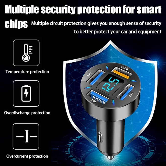 4 Ports USB Car Charger, 66W Super Fast Charging with QC 3.0, PD 20W and USB 2.4A Charger Adapter, Quick Charge with LED Voltmeter, Auto Cigarette Lighter Plug (QC3.0, 2PCS)