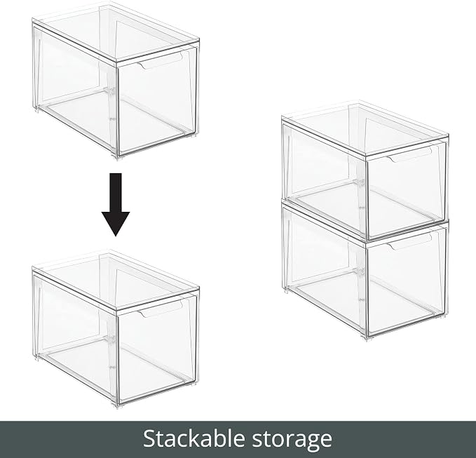 mDesign Plastic Stackable Bathroom Storage with Pull Out Bin Organizer Drawer for Cabinet, Vanity, Shelf, Cupboard, Cabinet, or Closet Organization - Lumiere Collection - Clear